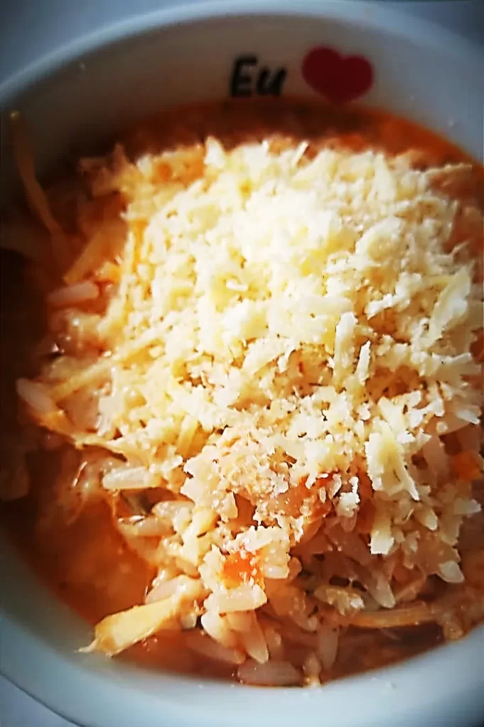 tigela de risoto de frango com queijo ralado por cima