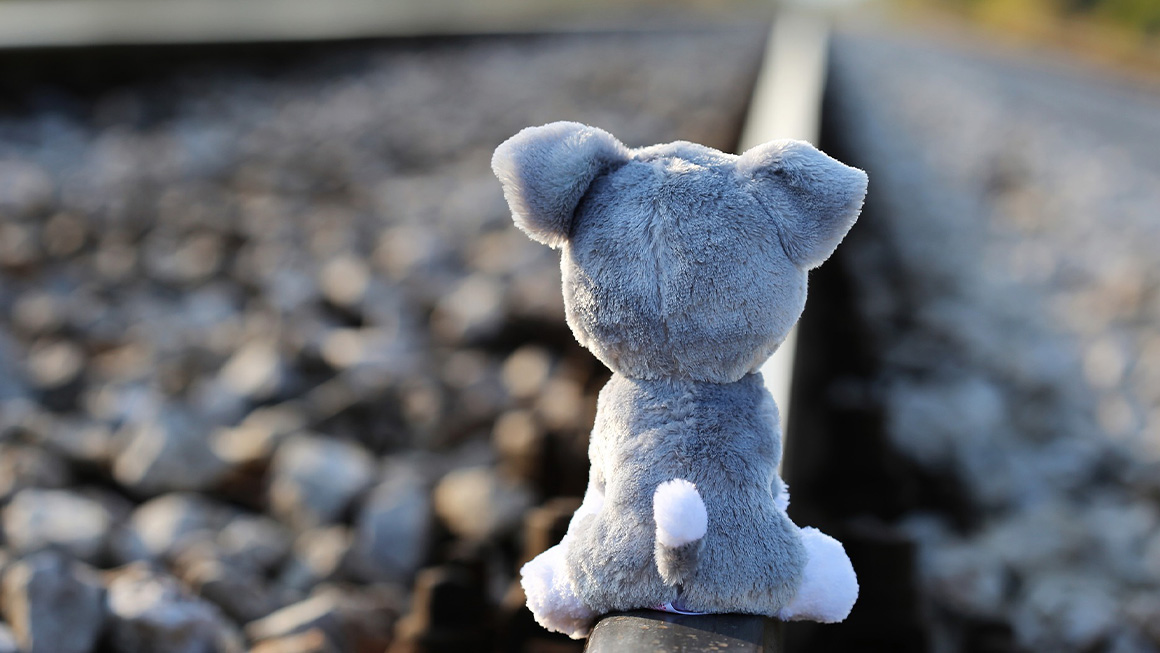 urso de pelúcia sobre trilhos de trem